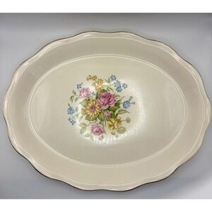 Vintage Floral Oval Serving Platter Cream Ivory Gold Trim Mid Century Ceramic